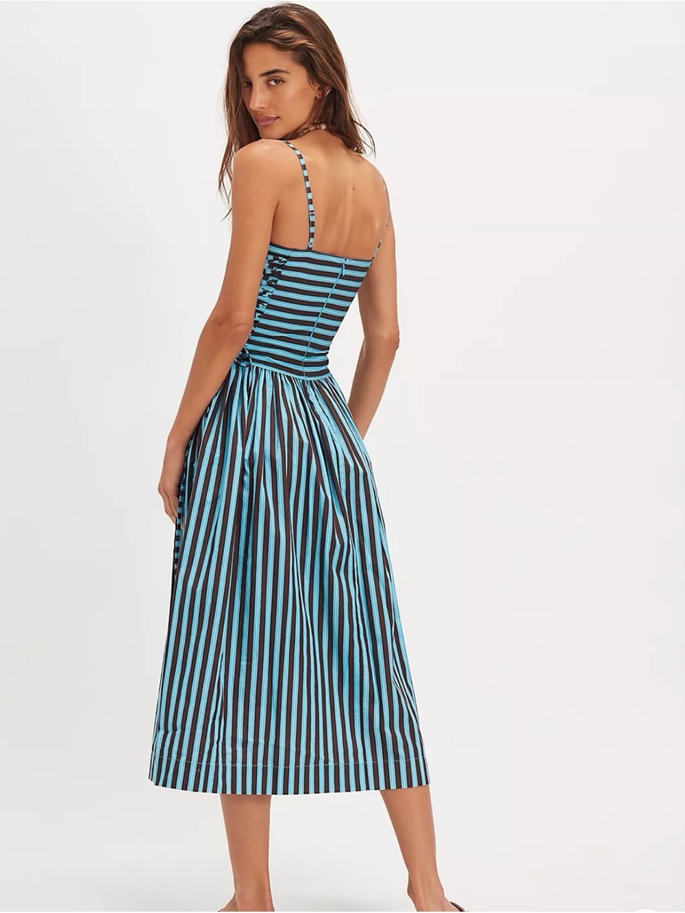 Damson Madder Angelina Striped Blue and Brown Midi Dress with Spaghetti Straps - Picture 2 of 7